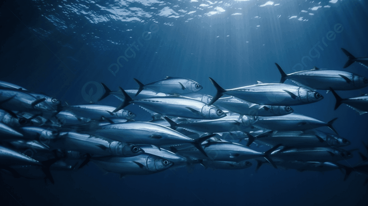 School of tuna swimming underwater, illuminated by sun rays penetrating the ocean surface.